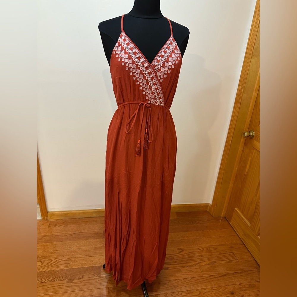 Crystal Sky Chic Terracotta Maxi Dress with Embroidered Details elastic waist